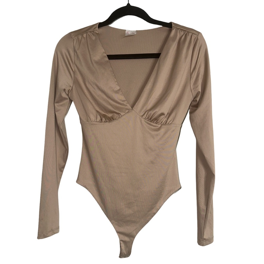 No Boundaries Taupe Long Sleeve V-Neck Bodysuit